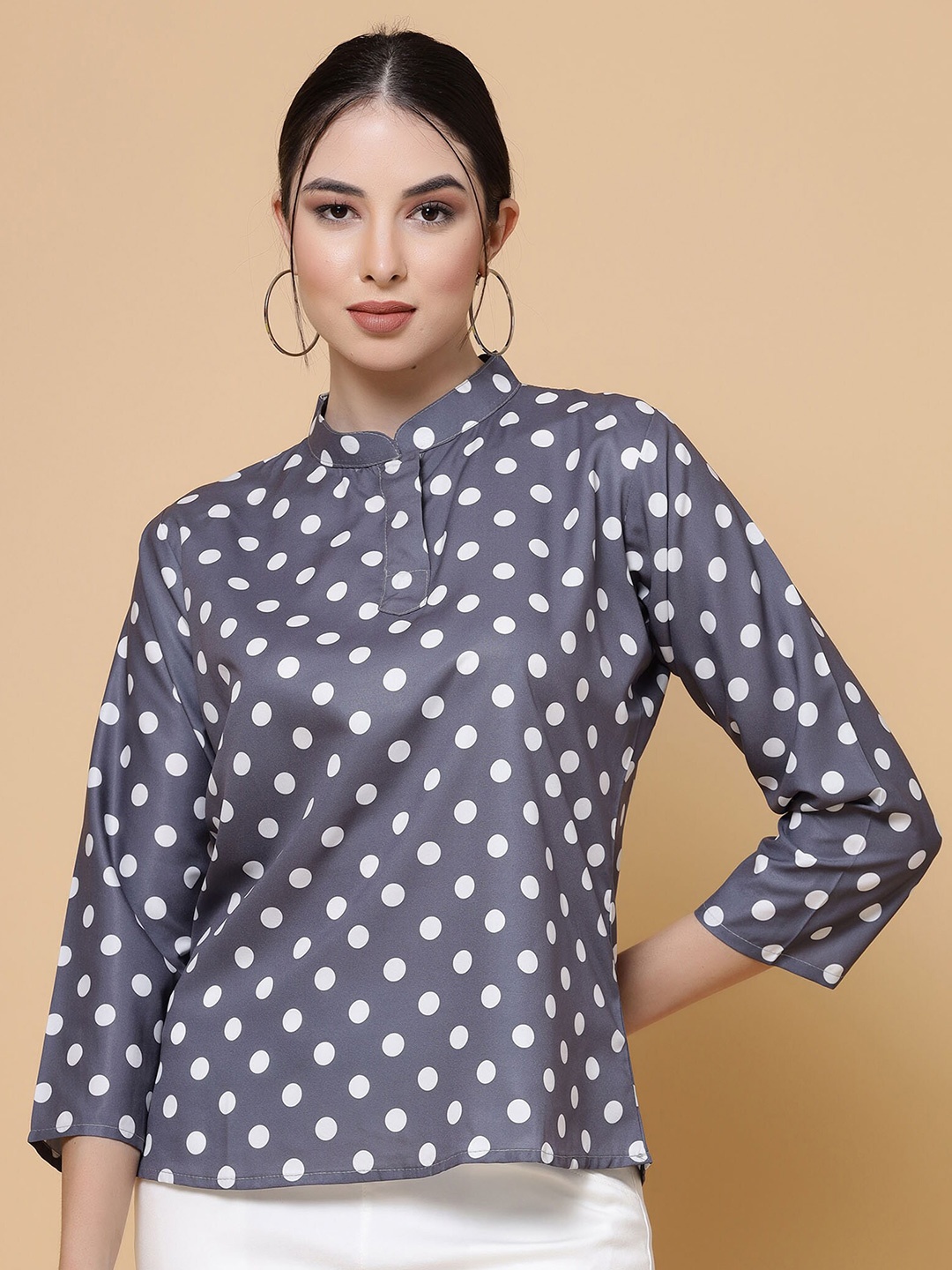 

MISS AYSE Polka Dot Print Crepe Top, Grey