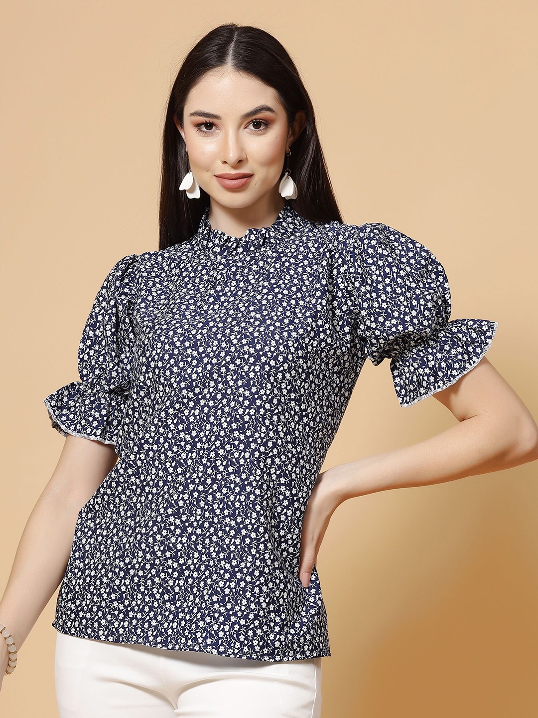 

MISS AYSE Polka Dot Print Keyhole Neck Puff Sleeve Crepe Top, Blue