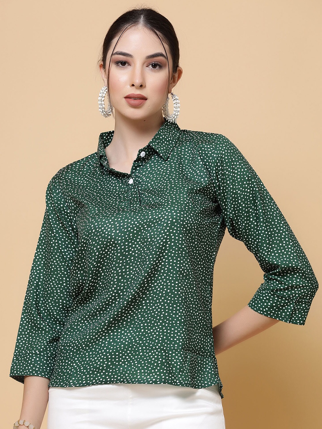 

MISS AYSE Print Slit Sleeve Crepe Top, Green