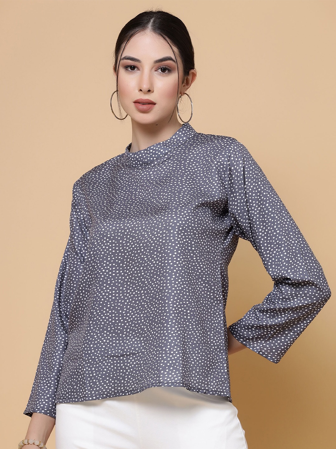 

MISS AYSE Geometric Print Mandarin Collar Slit Sleeve Crepe Styled Back Top, Grey