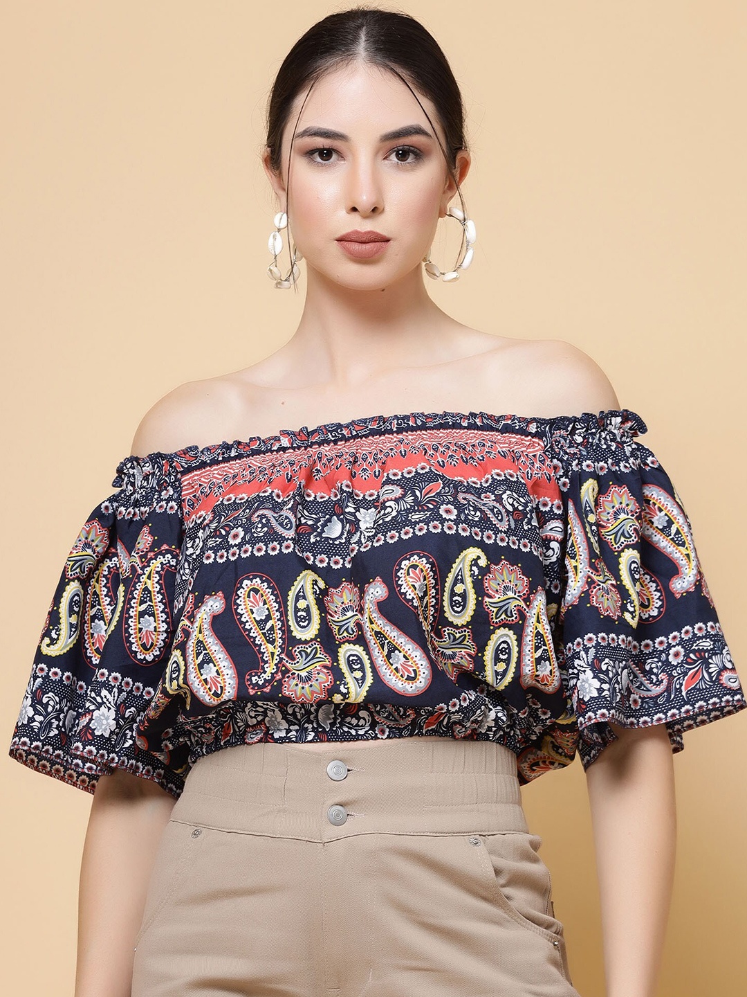 

MISS AYSE Print Off-Shoulder Crepe Bardot Crop Top, Multi