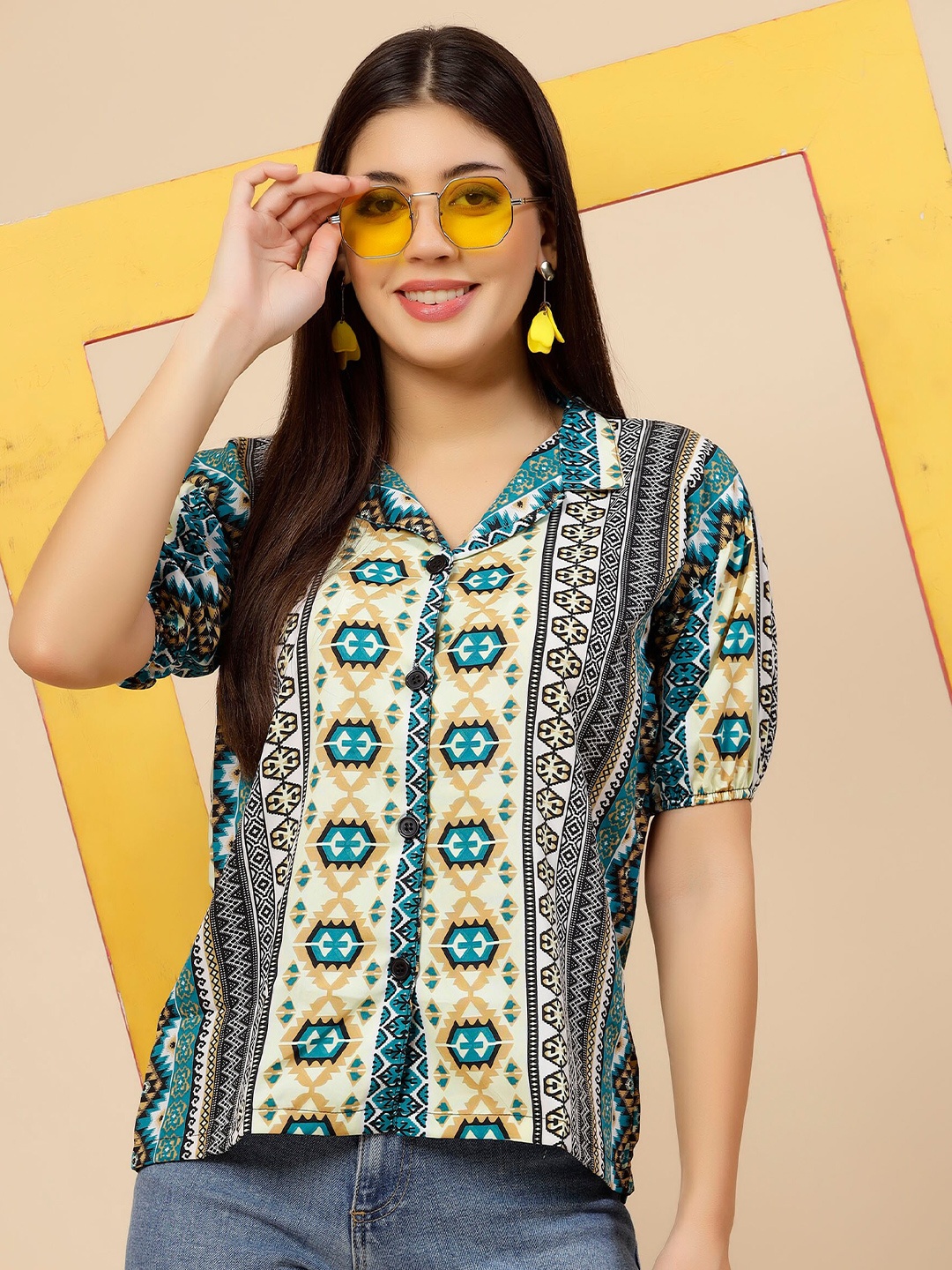

MISS AYSE Geometric Print Crepe Styled Back Top, Multi
