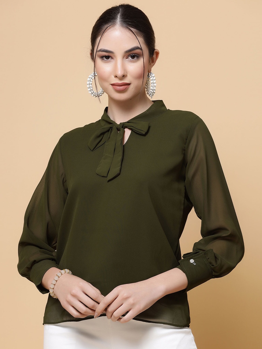 

MISS AYSE Slit Sleeve Georgette Top, Green