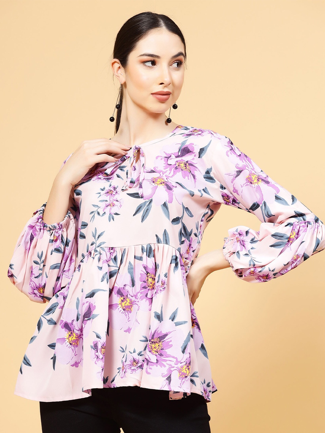 

MISS AYSE Floral Print Kimono Sleeve Crepe Peplum Top, Pink