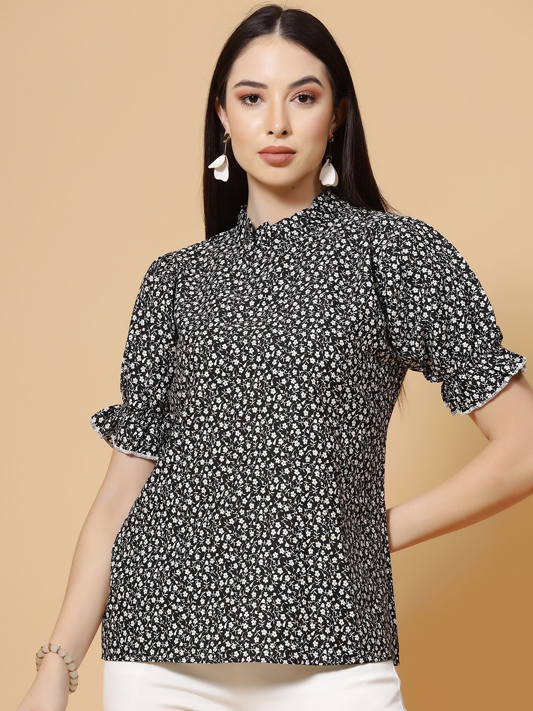 

MISS AYSE Polka Dot Print Keyhole Neck Crepe Top, Black