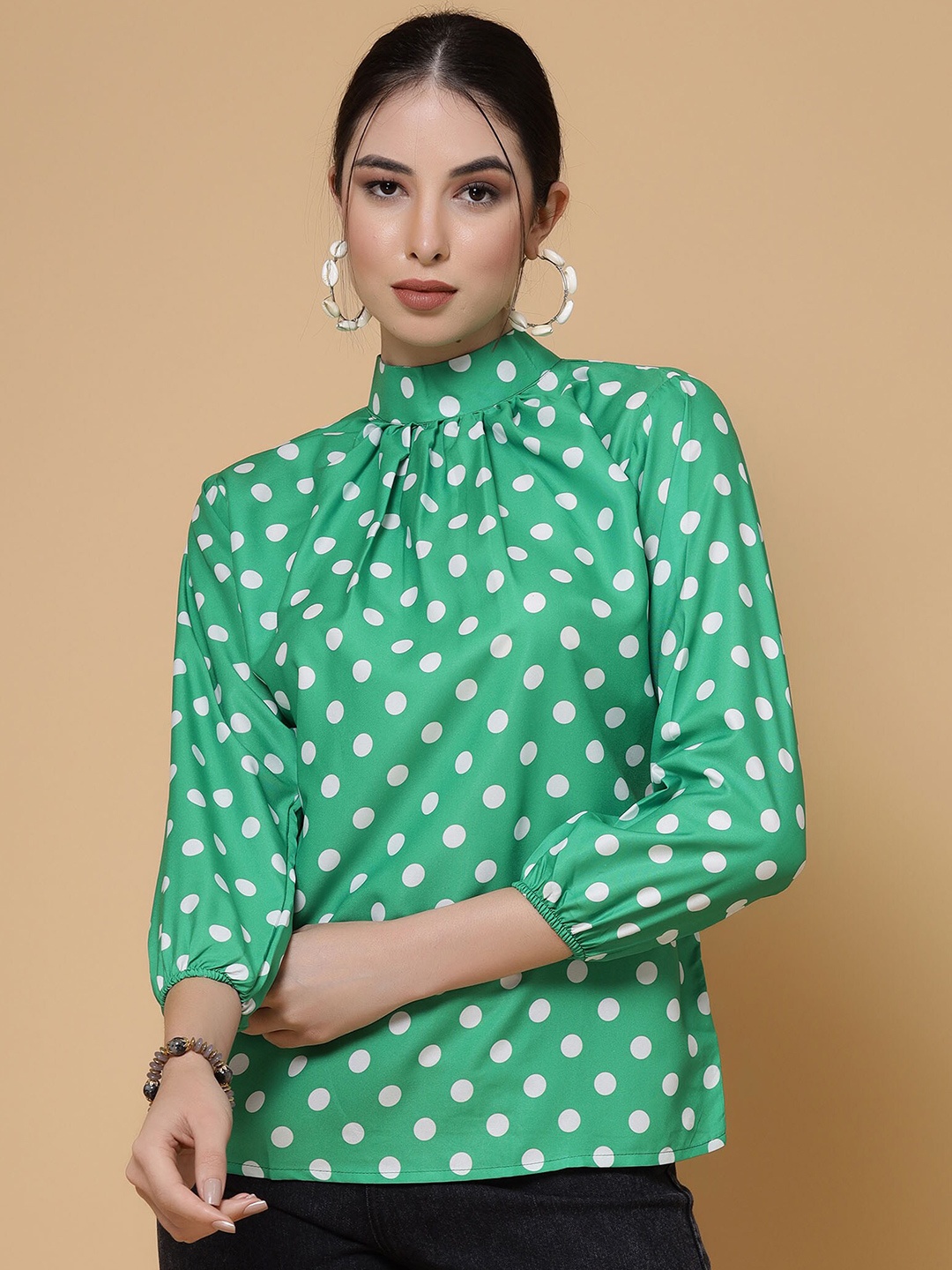 

MISS AYSE Polka Dot Print Keyhole Neck Crepe Top, Green