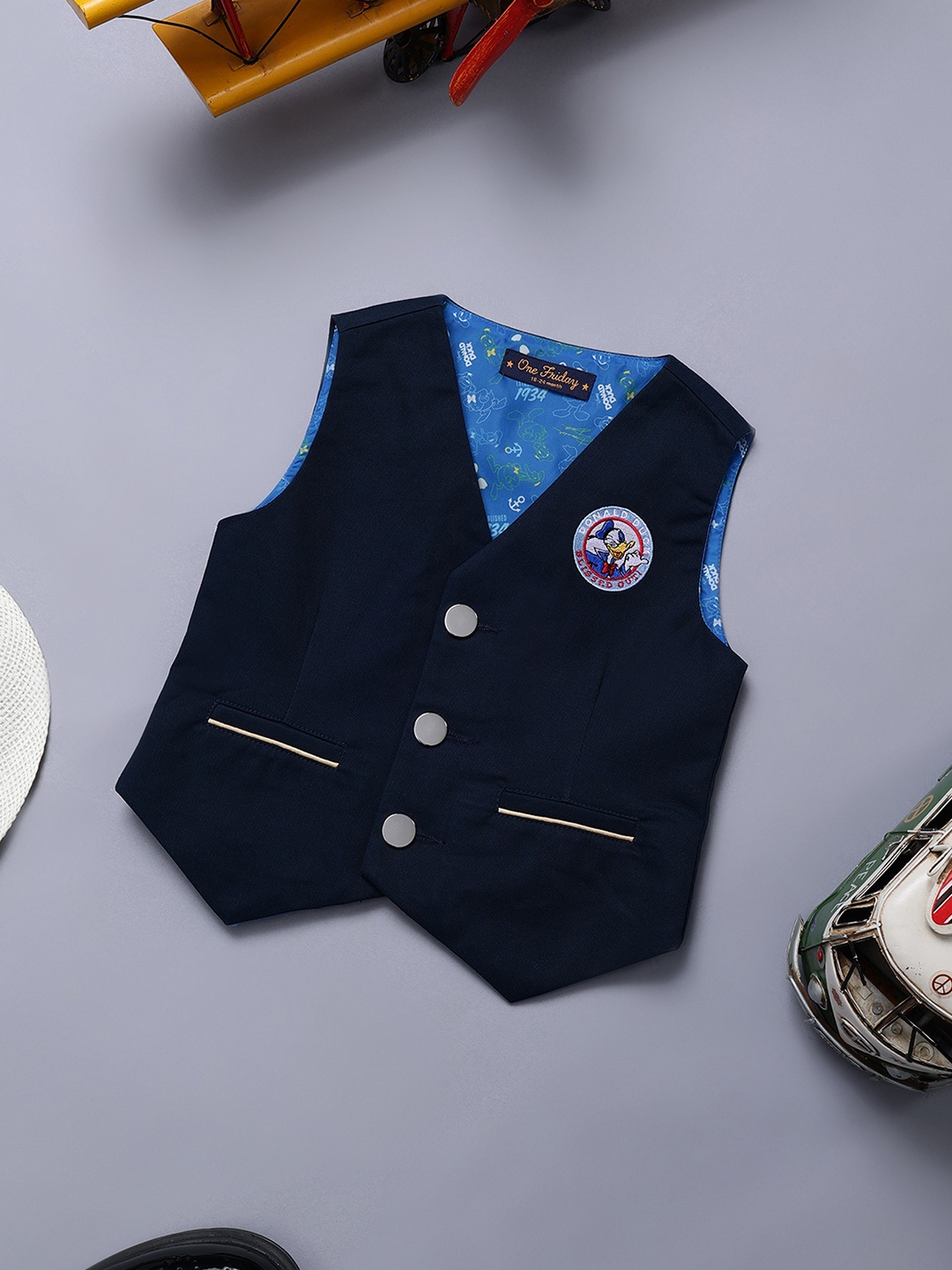 

One Friday Infant Boys Stretchable Cotton Waist Coat With Front Pockets, Navy blue