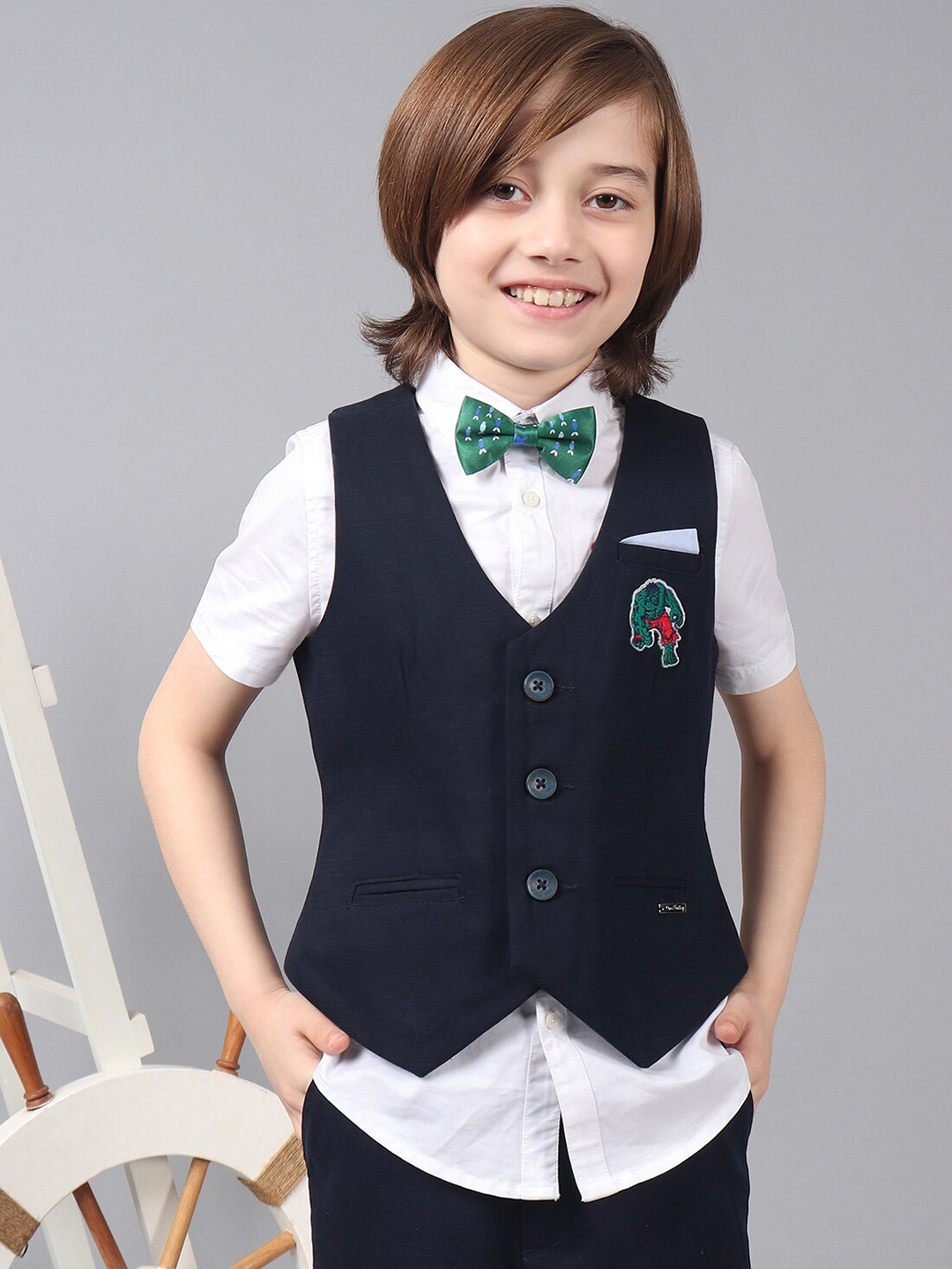 

One Friday Kids Boys Pure Cotton Waistcoat With Hulk Embroidery, Navy blue