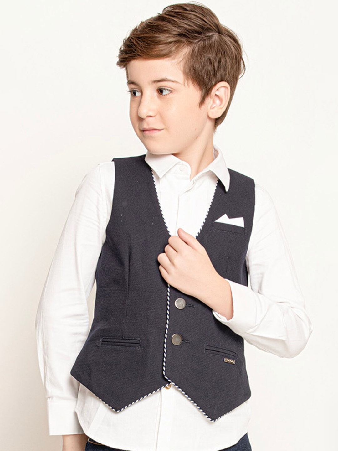 

One Friday Boys Solid V-Neck Waist Coat, Navy blue