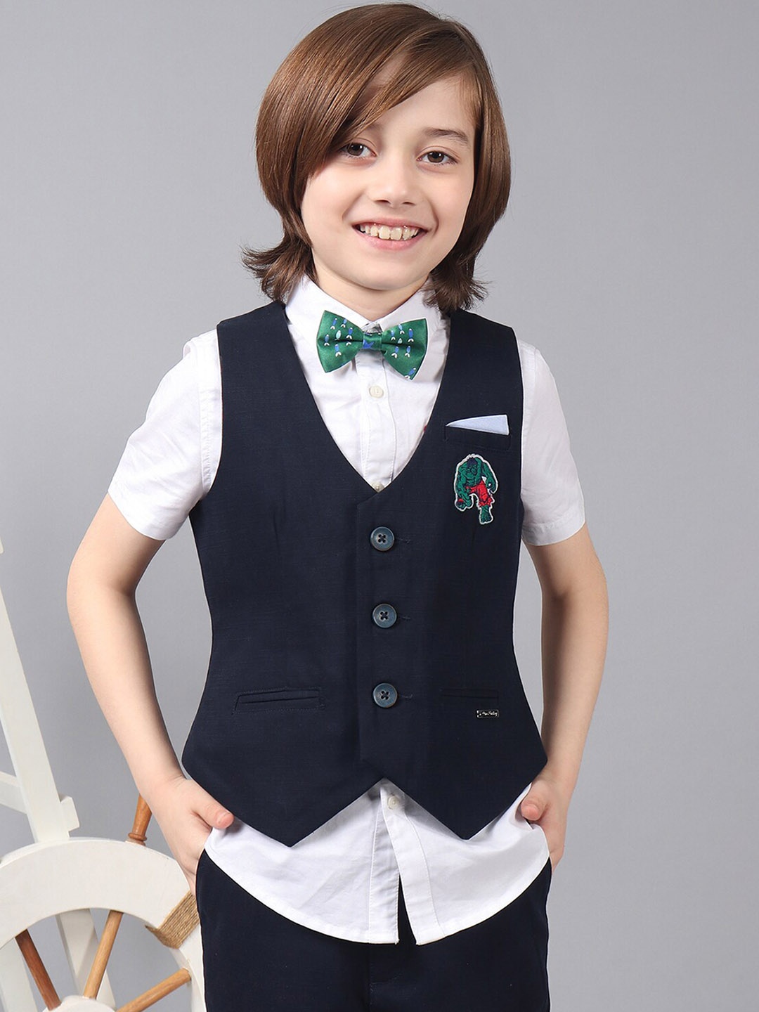 

One Friday Boys Pure Cotton Waistcoat With Hulk Embroidery, Navy blue