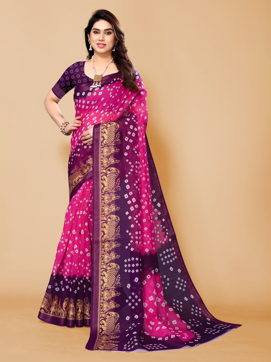 

Bandhanivilla Printed Zari Bandhani Saree, Pink