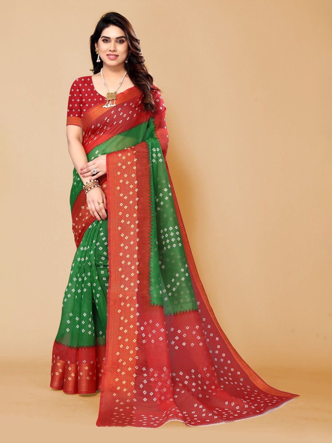 

Bandhanivilla Printed Zari Bandhani Saree, Green