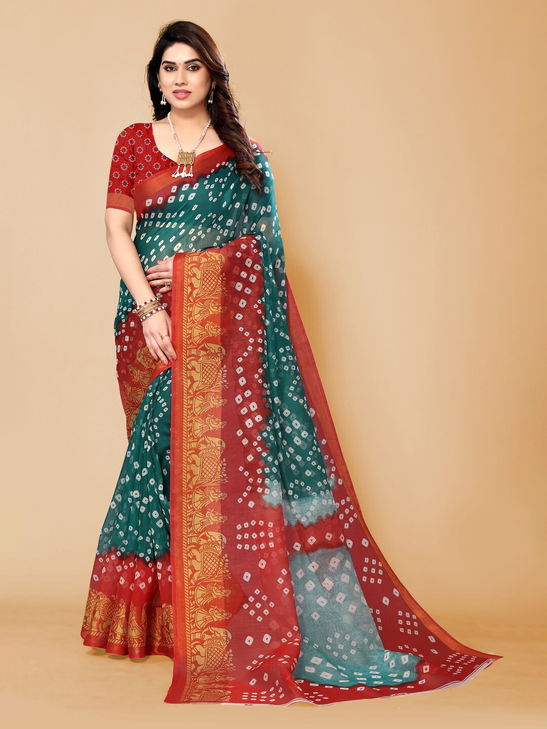 

Bandhanivilla Printed Zari Bandhani Saree, Green