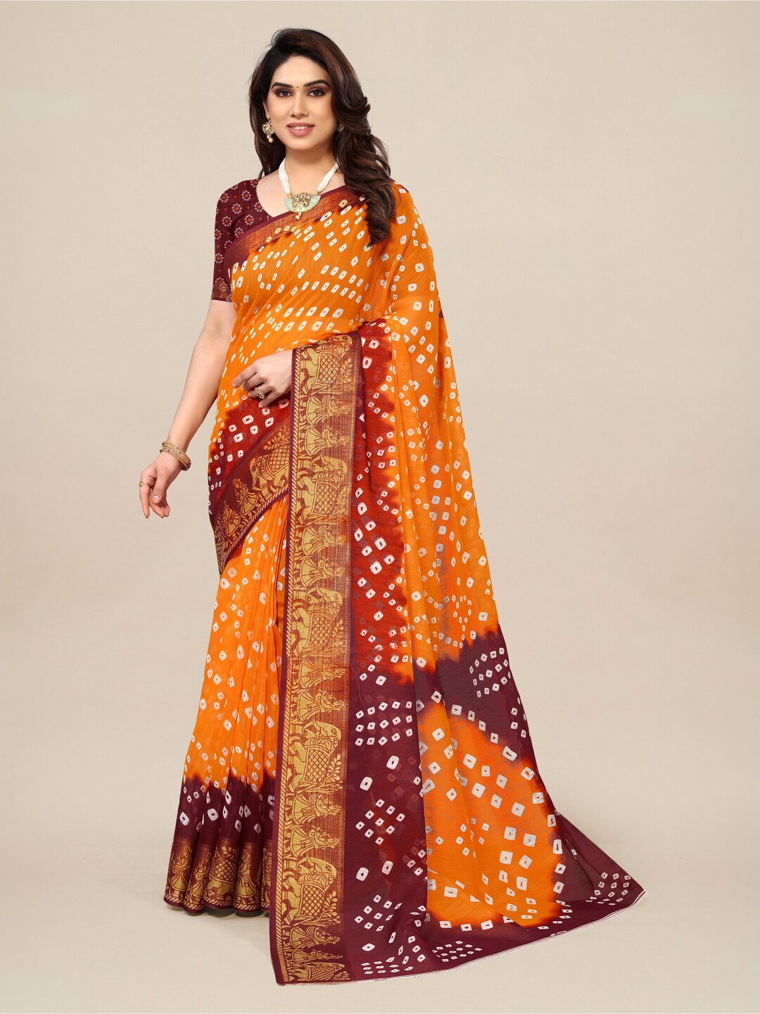 

Bandhanivilla Printed Zari Bandhani Saree, Orange