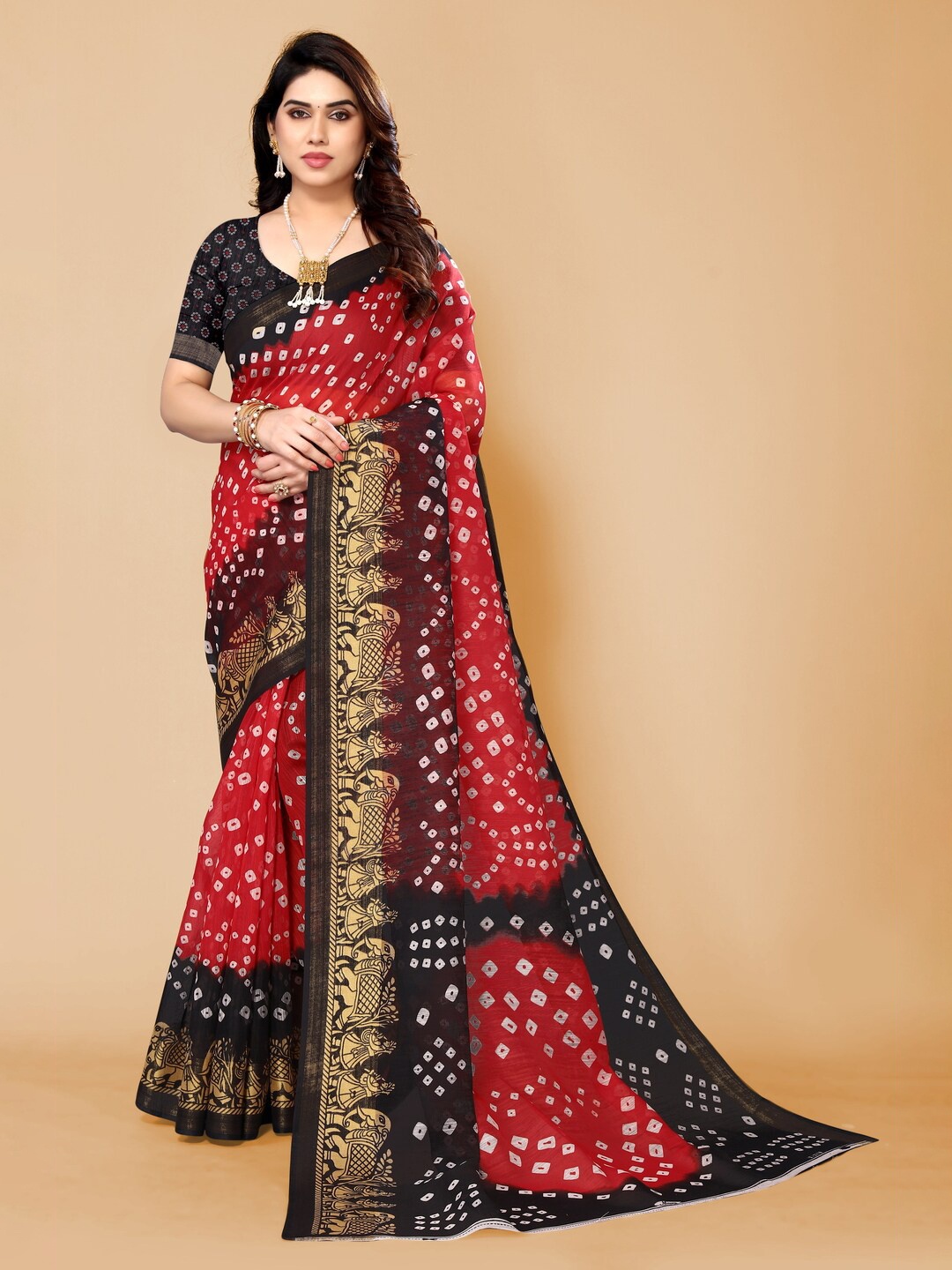 

Bandhanivilla Printed Zari Bandhani Saree, Red