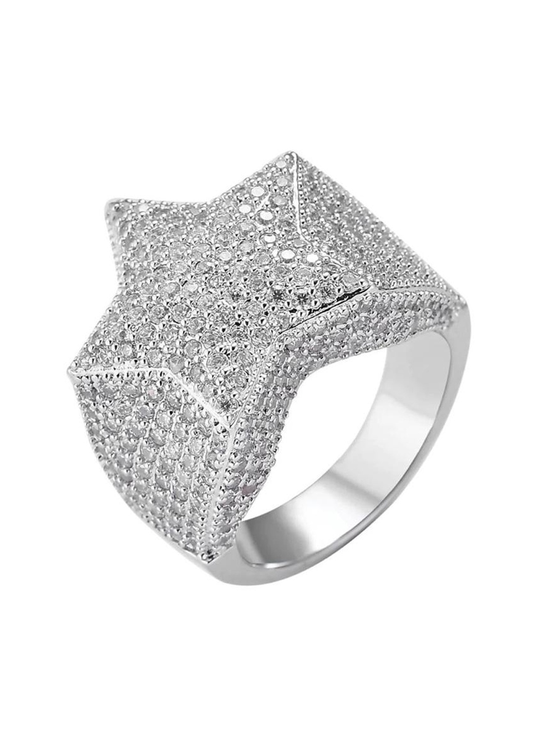 

Drip Project Men 14K White Silver-Plated American Diamond-Studded Star Ring, Gold
