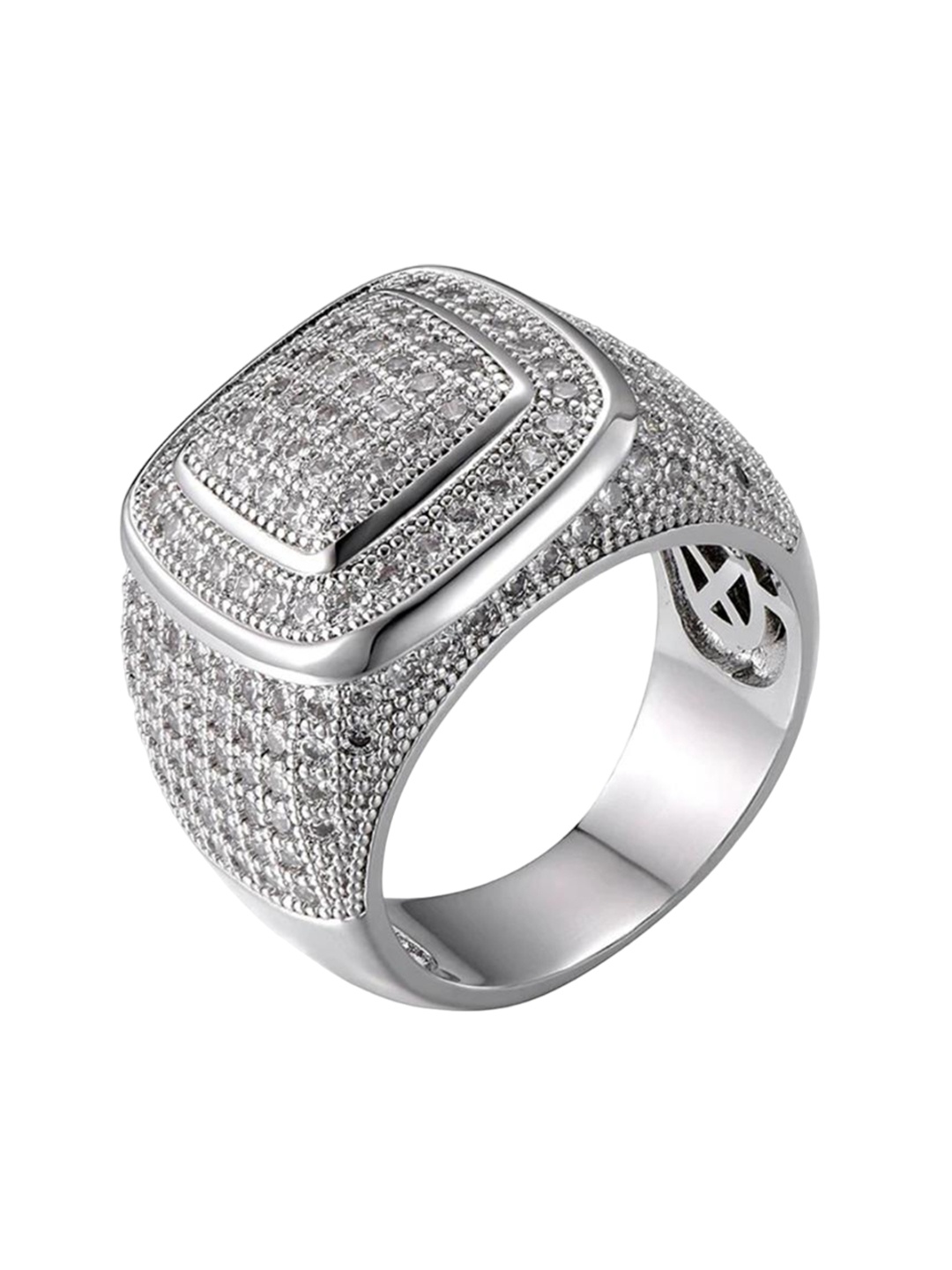 

Drip Project Men Rhodium-Plated Cubic Zirconia Studded Finger Ring, Silver