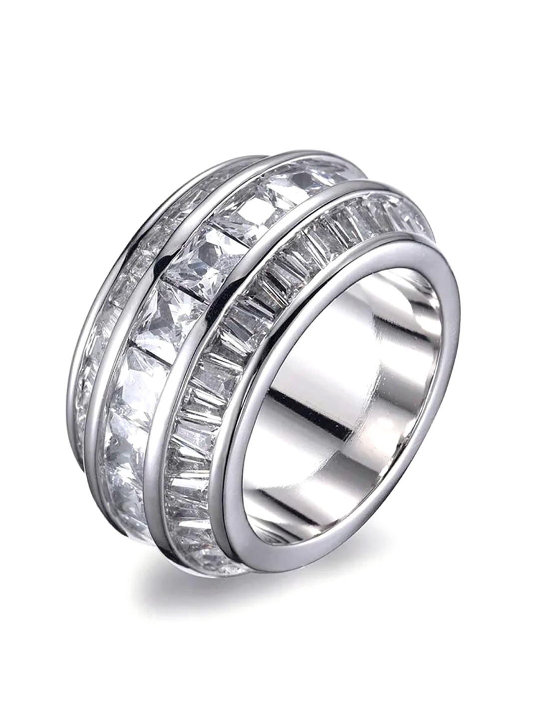 

Drip Project Men Rhodium-Plated Cubic Zirconia Studded Finger Ring, Silver
