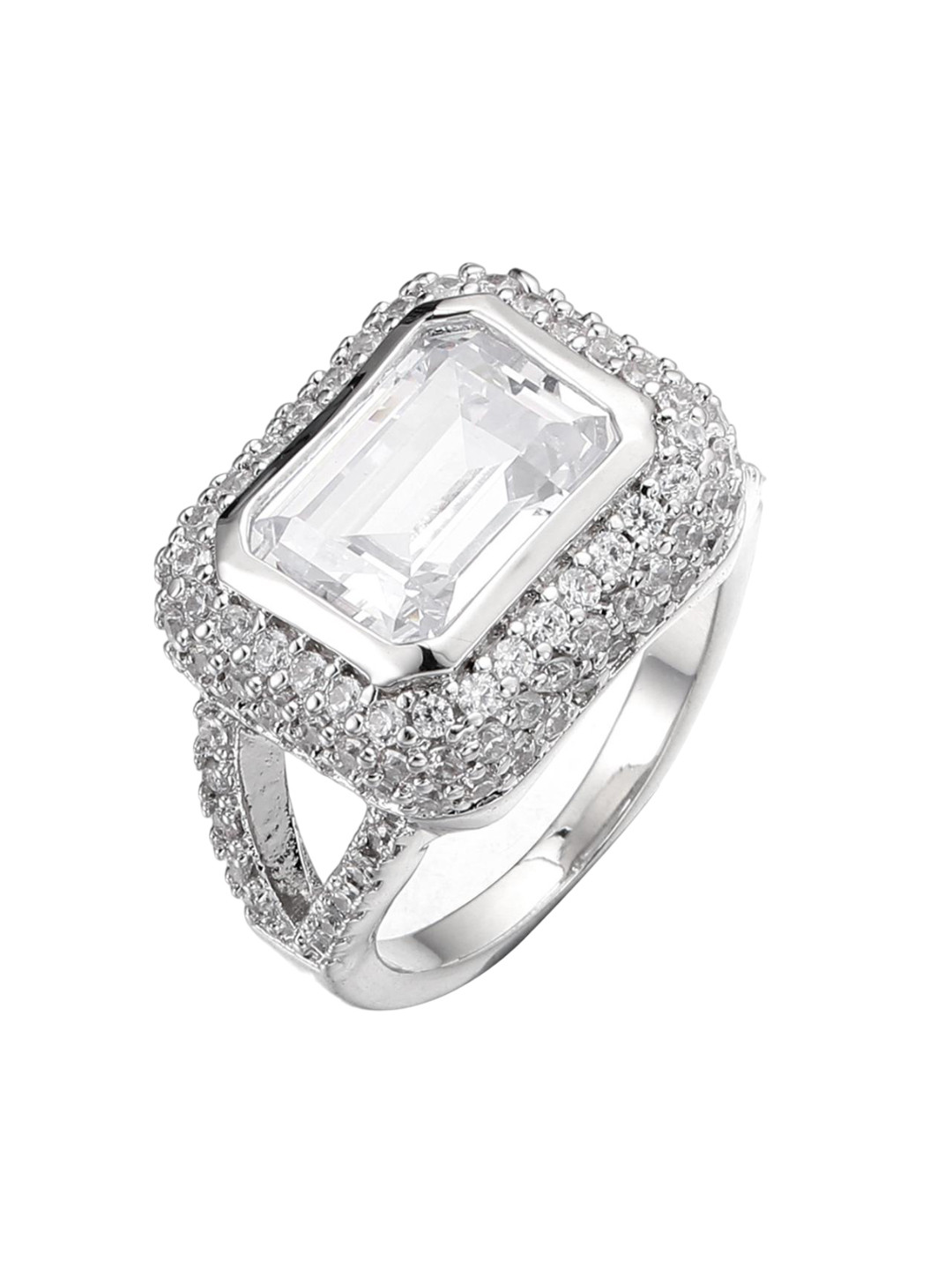 

Drip Project Men Rhodium-Plated Cubic Zirconia Studded Finger Ring, Silver