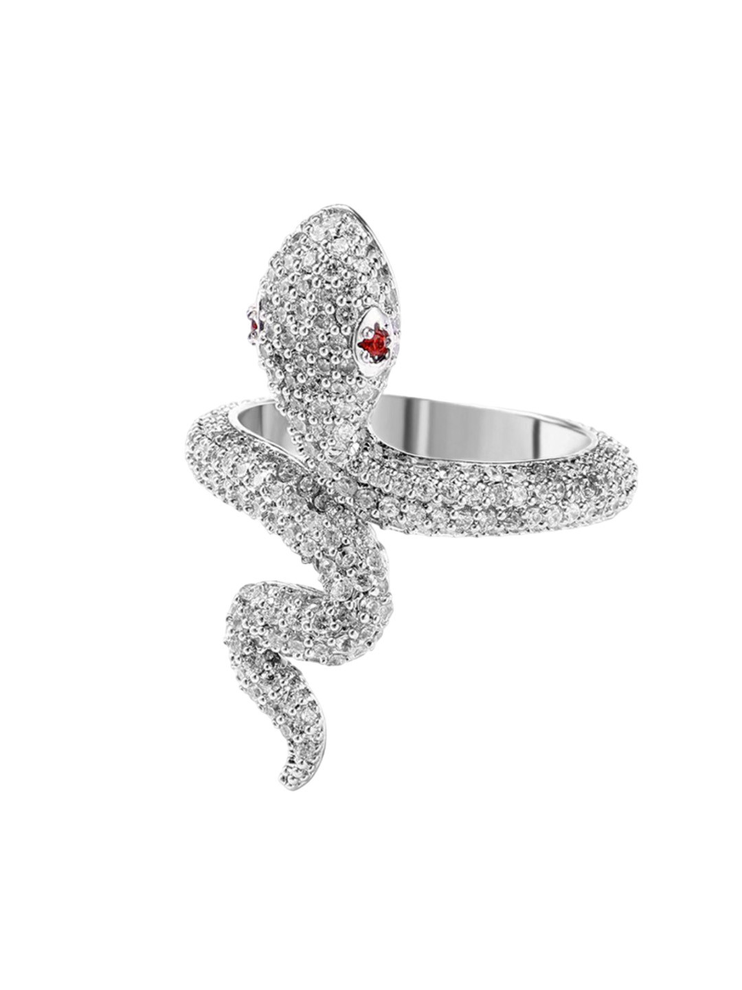 

Drip Project Men Rhodium-Plated Cubic Zirconia Studded Venomous Viper Finger Ring, Silver