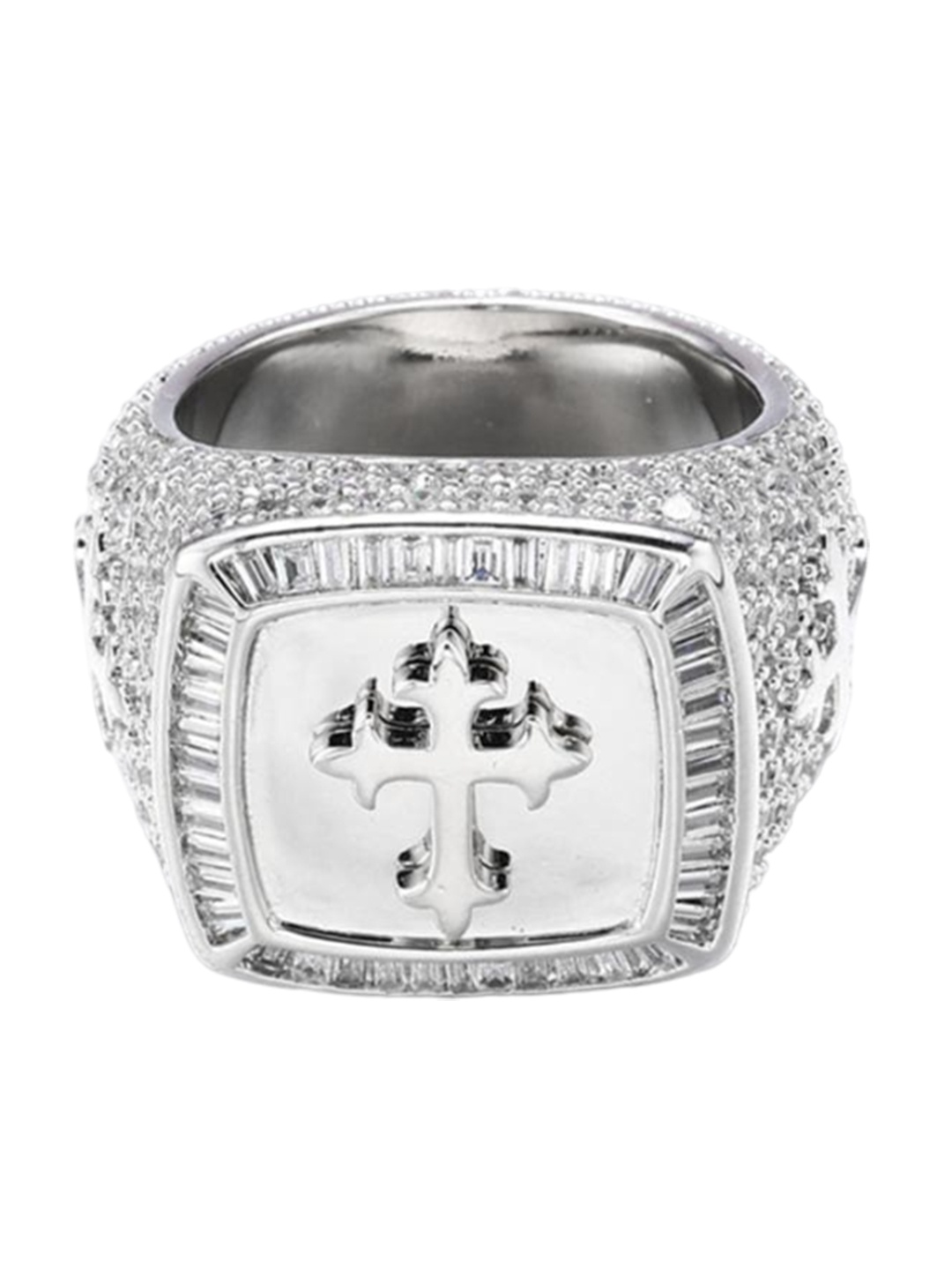 

Drip Project Men Rhodium-Plated Cubic Zirconia Studded Finger Ring, Silver