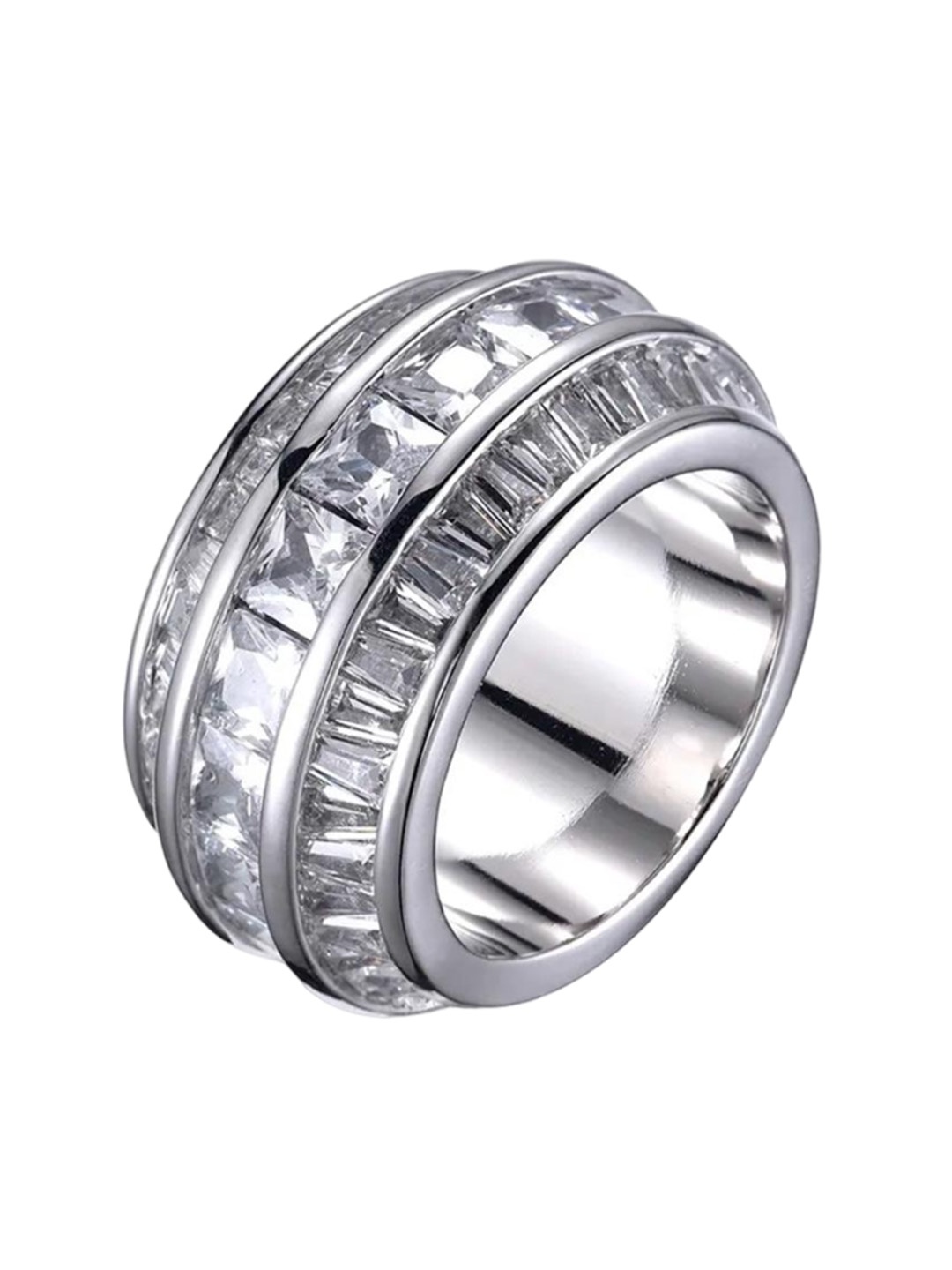 

Drip Project Men Rhodium-Plated Cubic Zirconia Studded Baguette Channel Finger Ring, Silver