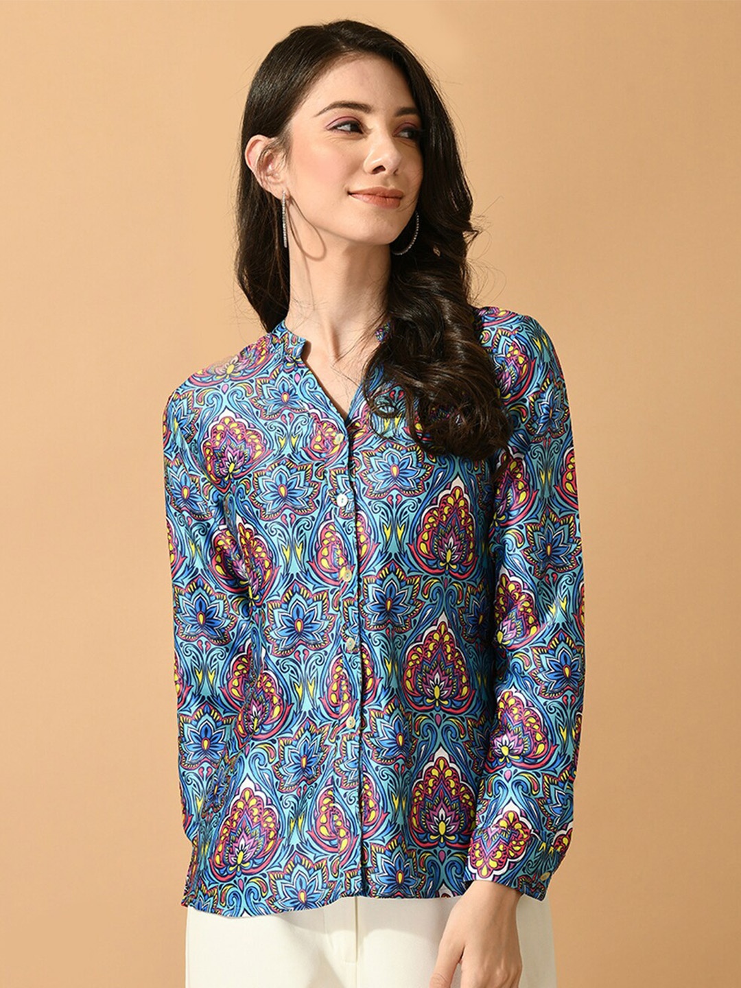 

KALINI Print Mandarin Collar Ethnic Satin Shirt Style Top, Multi
