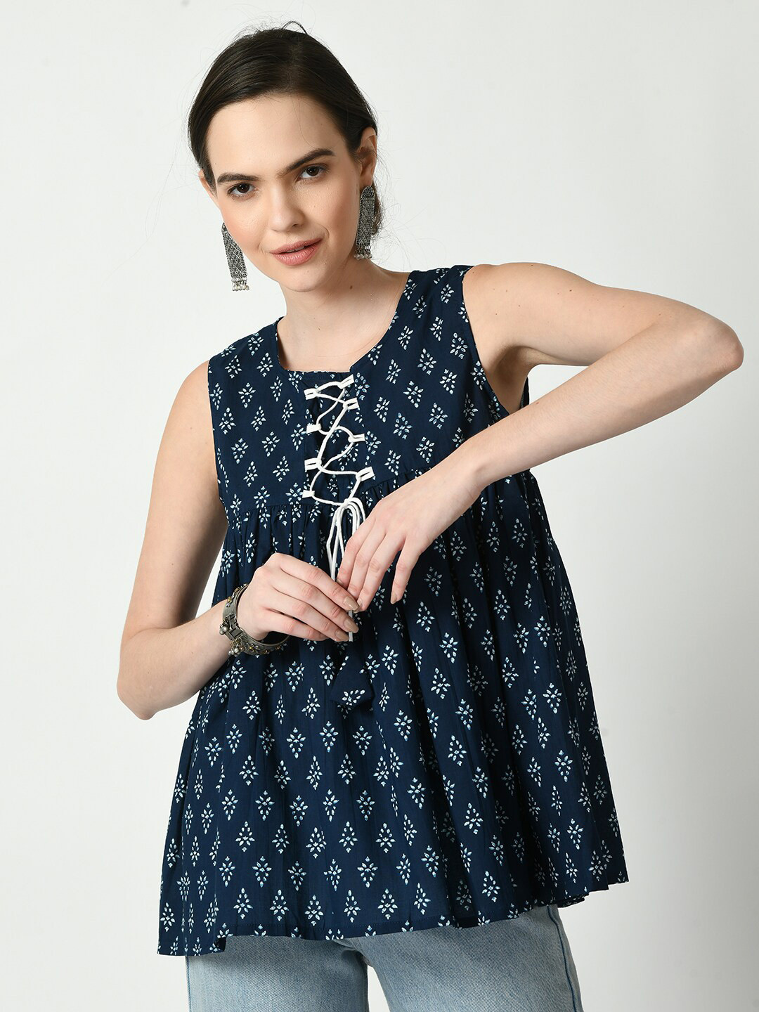 

KALINI Floral Print Ethnic Cotton Top, Navy blue