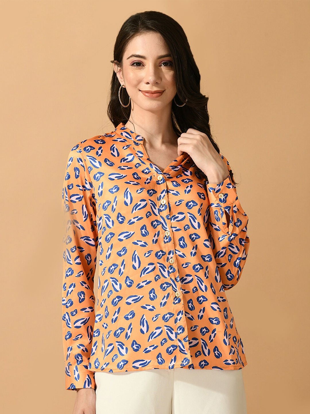 

KALINI Floral Print Mandarin Collar Satin Top, Multi