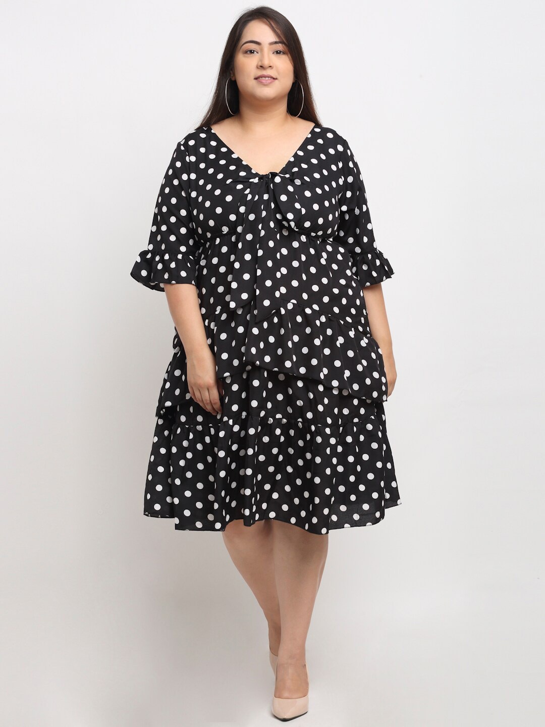 

Flambeur V-Neck Plus Size Polka Dot Layered Printed Fit & Flare Dress, Black