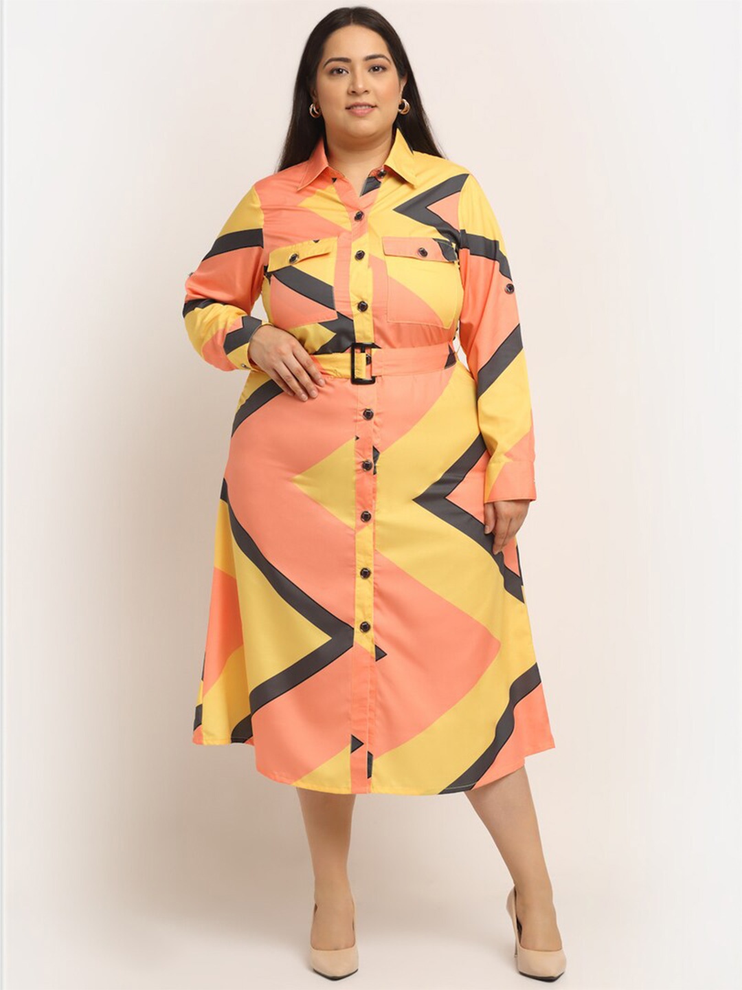 

Flambeur Shirt Collar Plus Size Printed Shirt Midi Dress, Yellow