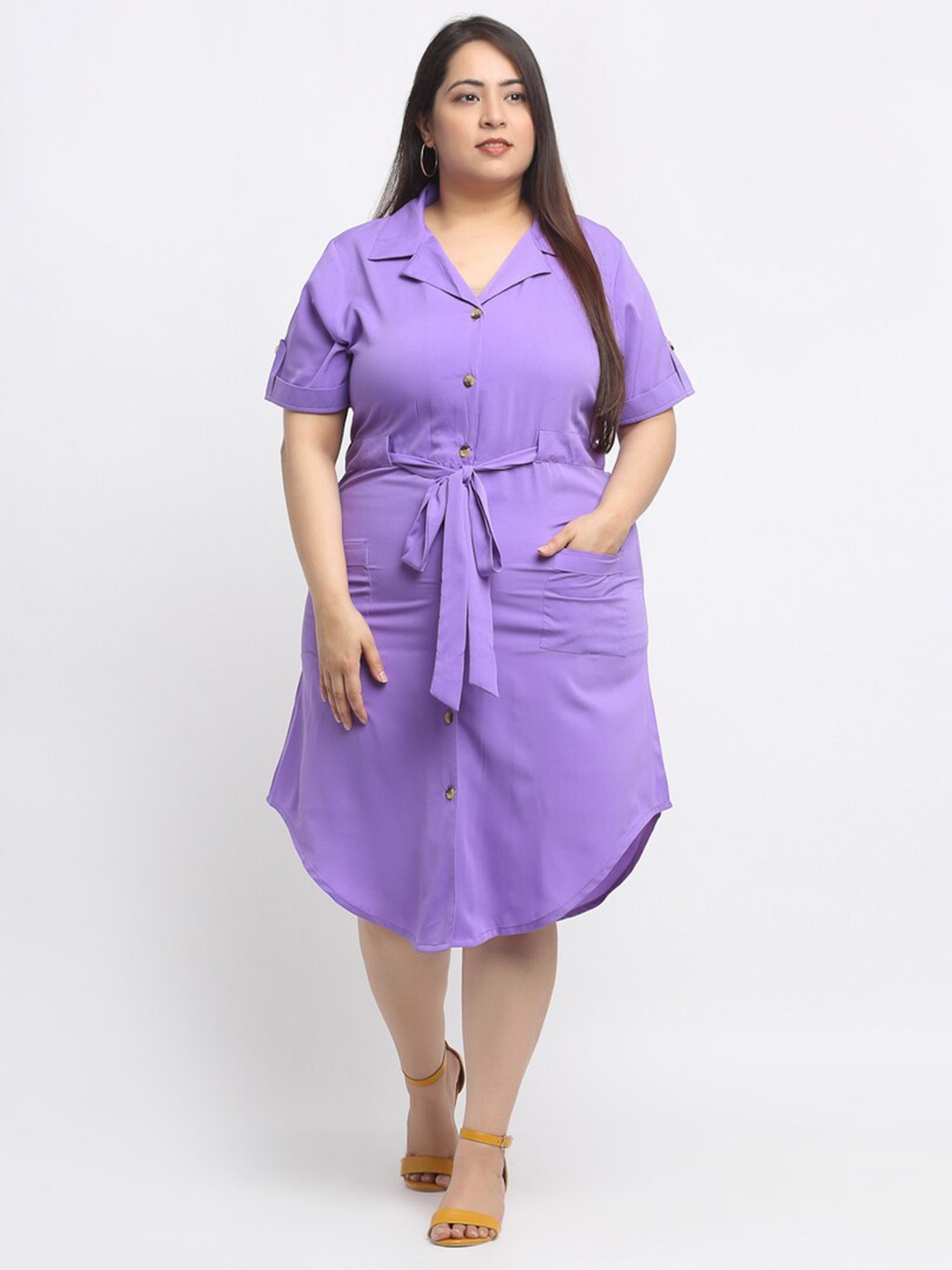

Flambeur Shirt Collar curved hem Plus Size Shirt Dress, Purple