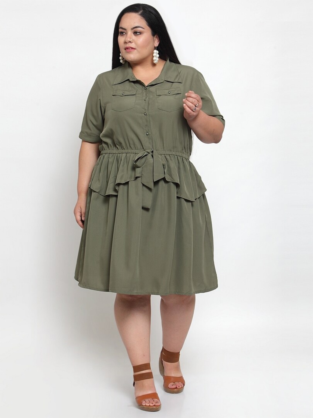 

Flambeur Shirt Collar knee length curved hem Plus Size Shirt Dress, Olive