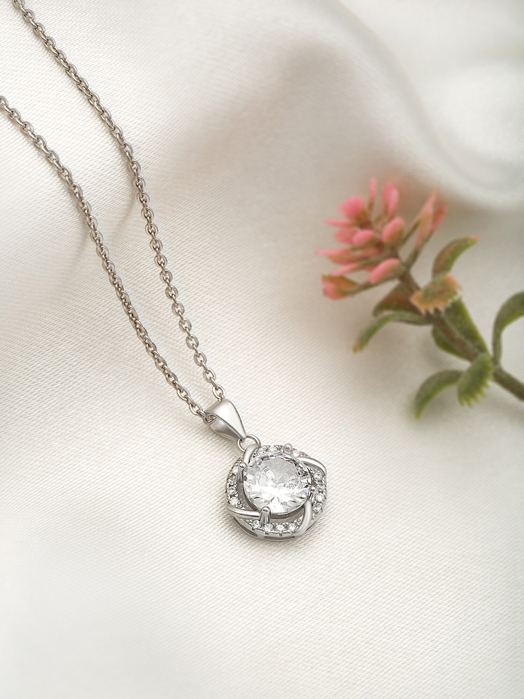 

SILBERRY 925 Sterling Silver Rhodium-Plated Circular CZ Studded Pendants with Chains