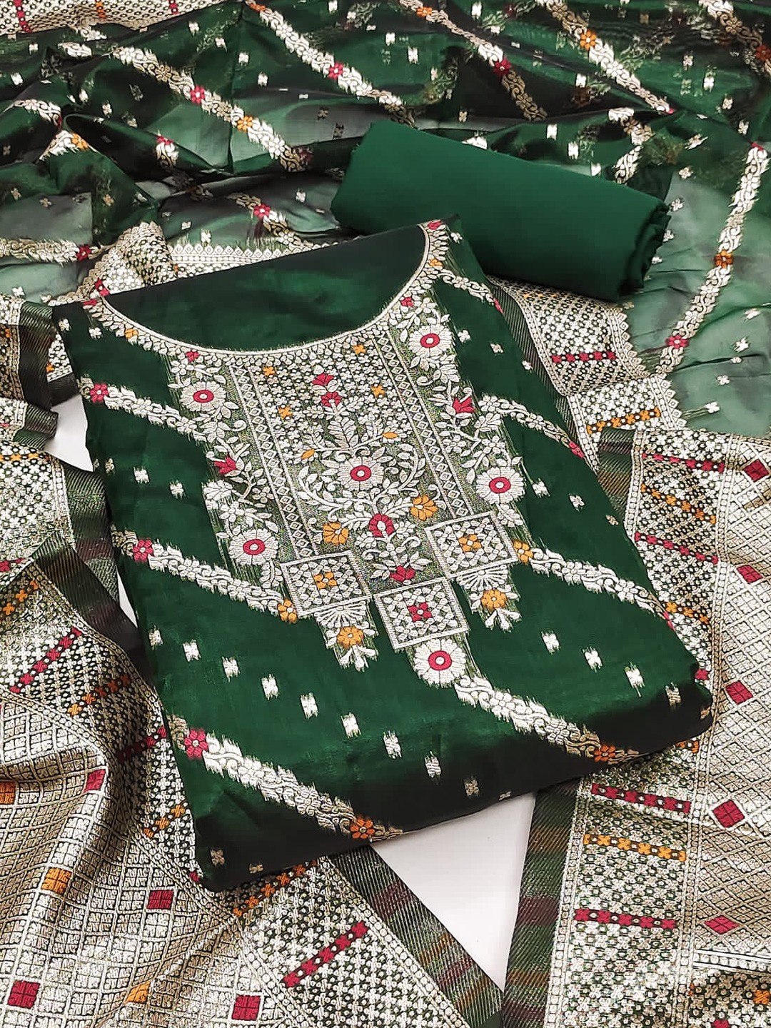 

ZEEPKART Woven Design Unstitched Dress Material, Green