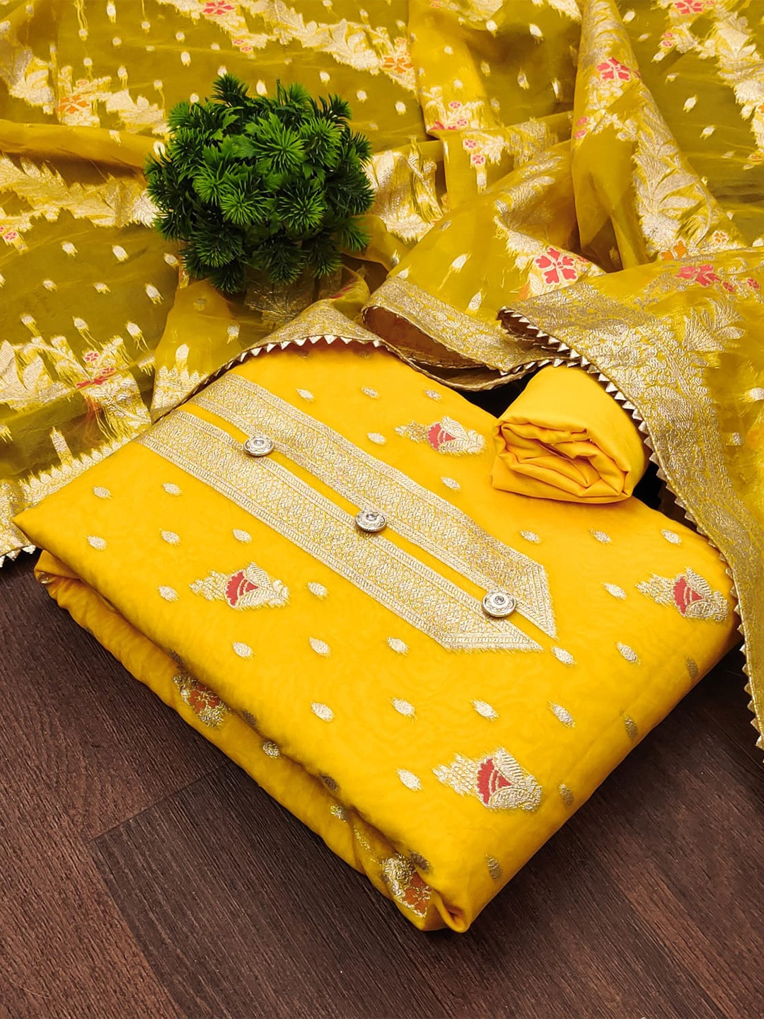 

ZEEPKART Floral Woven Design Unstitched Dress Material, Gold