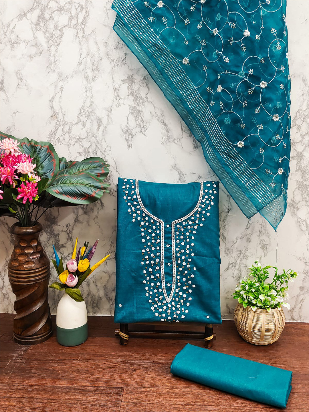 

ZEEPKART Woven Design Unstitched Dress Material, Blue