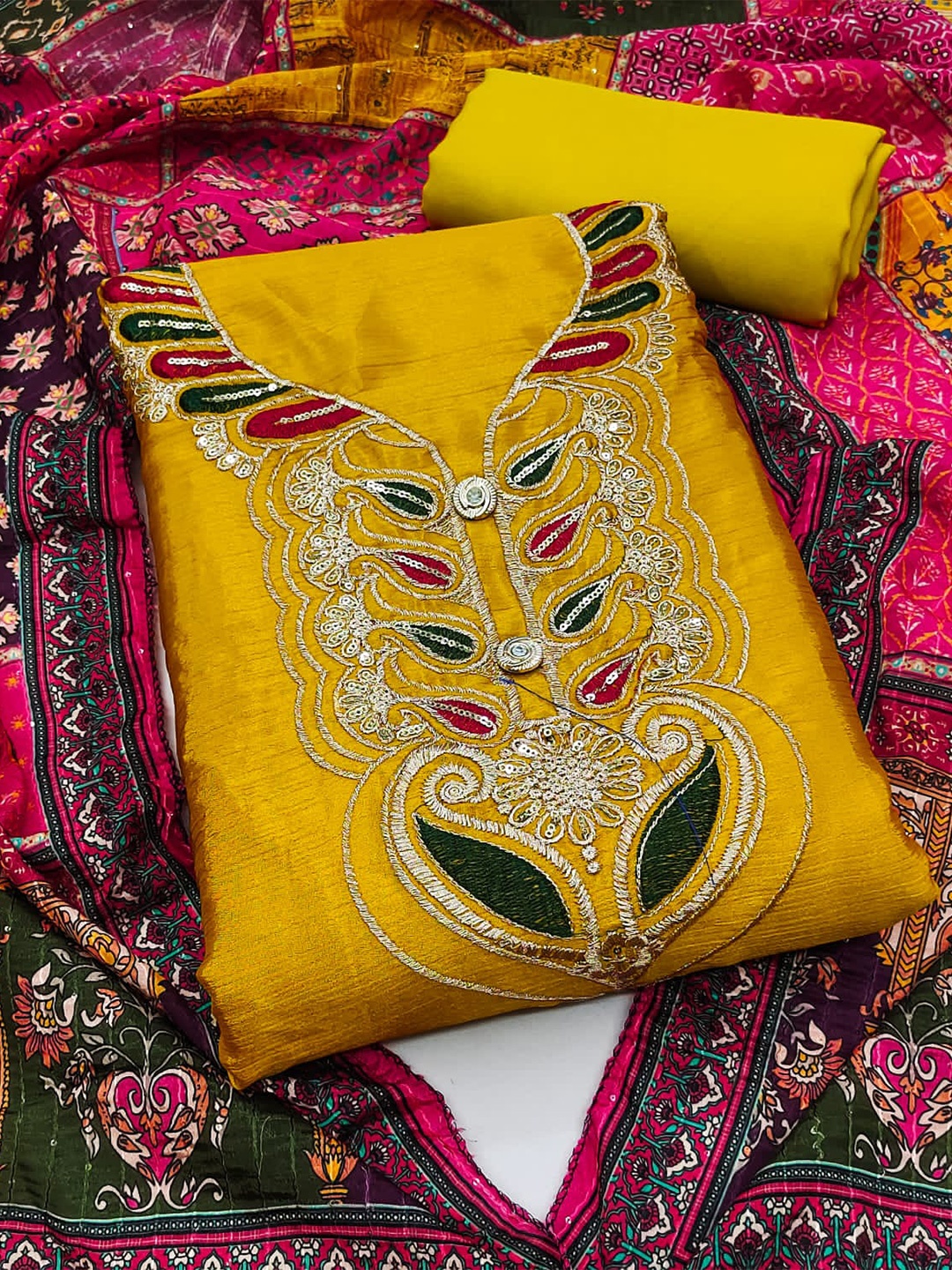 

ZEEPKART Ethnic Motifs Woven Design Unstitched Dress Material, Mustard