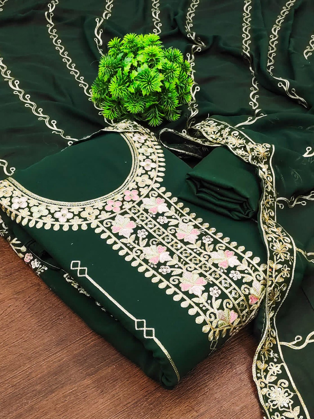 

ZEEPKART Floral Woven Design Unstitched Dress Material, Green