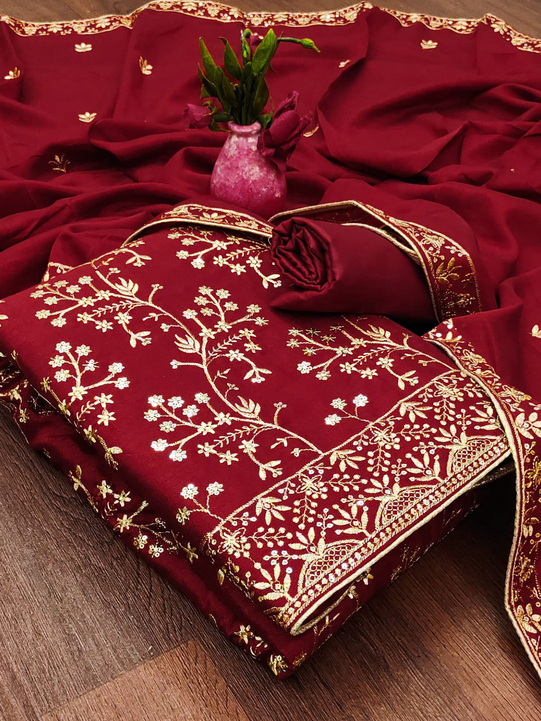 

ZEEPKART Embroidered Unstitched Dress Material, Red