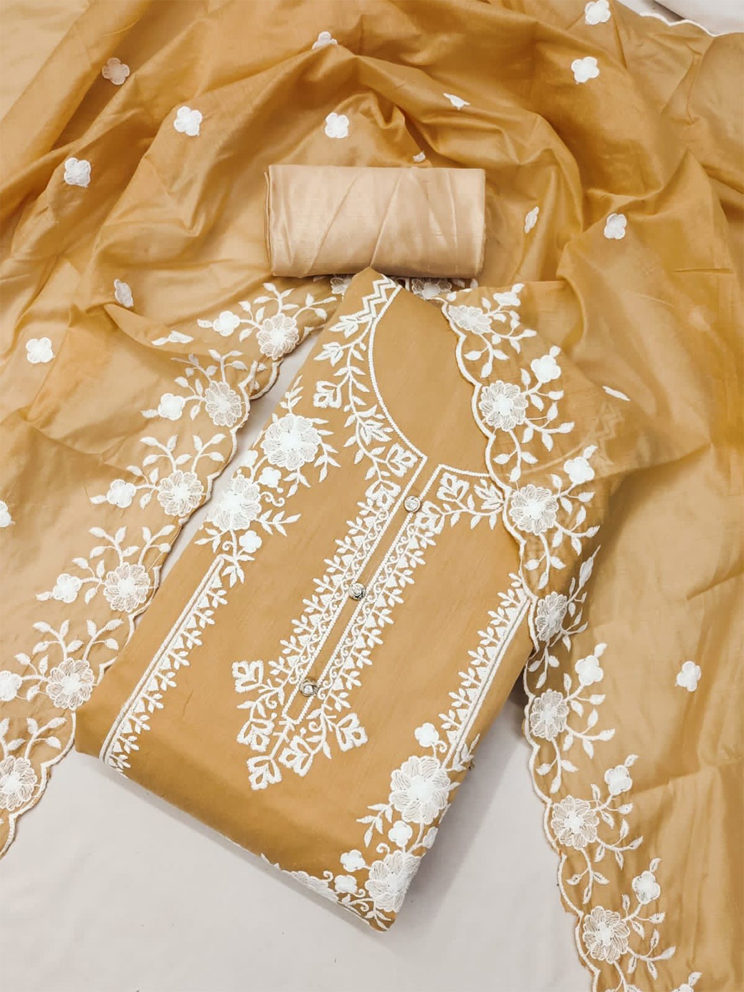 

ZEEPKART Floral Embroidered Unstitched Dress Material, Mustard