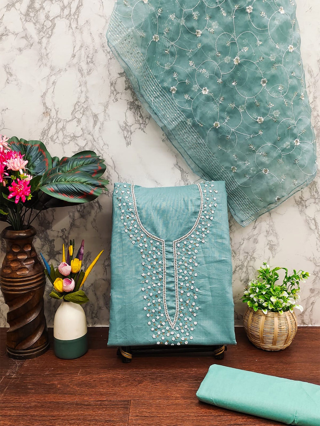 

ZEEPKART Floral Woven Design Beads and Stones Unstitched Dress Material, Turquoise blue