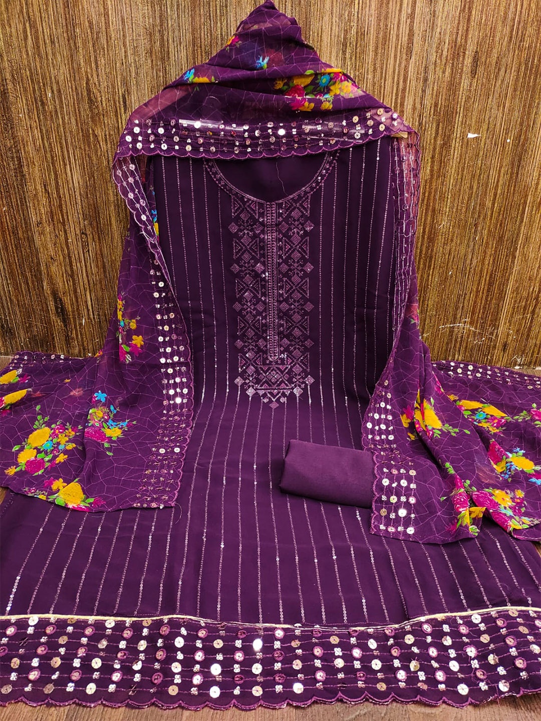 

ZEEPKART Striped Woven Design Sequined Unstitched Dress Material, Purple
