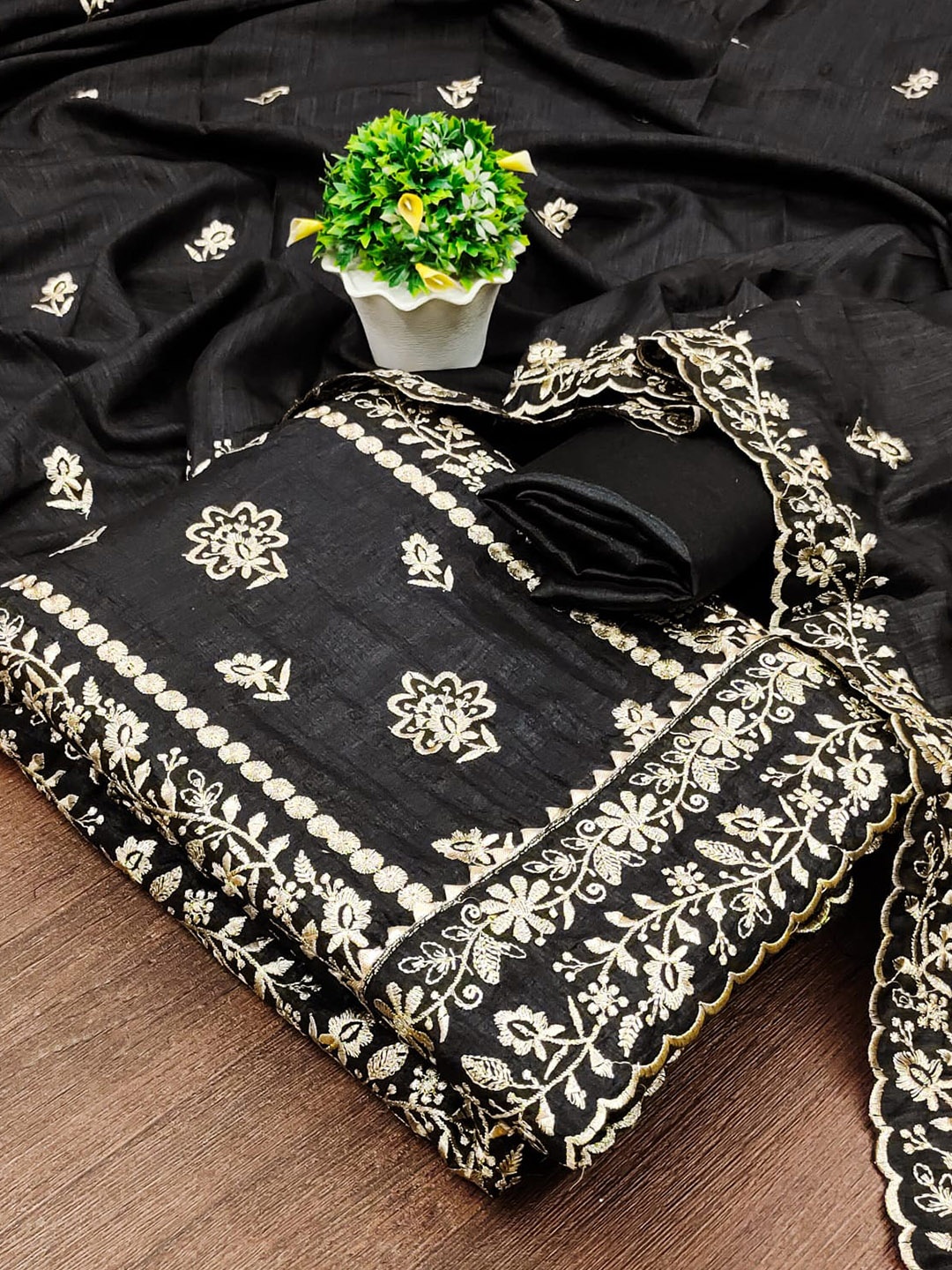 

ZEEPKART Embroidered Unstitched Dress Material, Black