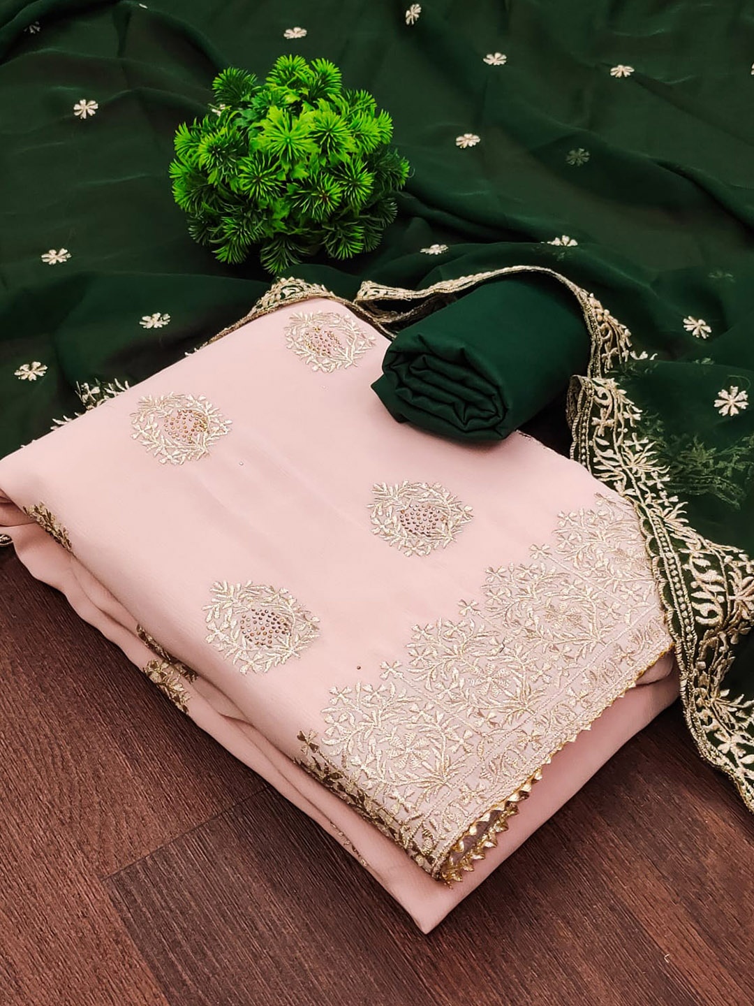 

ZEEPKART Floral Embroidered Unstitched Dress Material, Pink