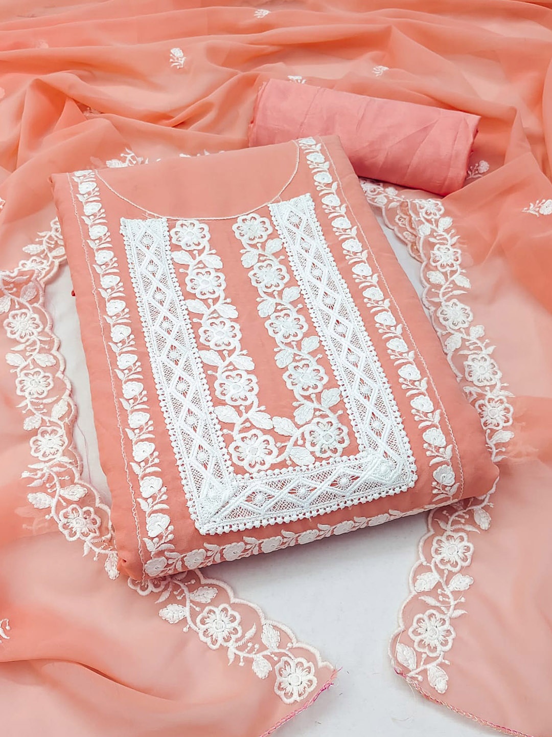 

ZEEPKART Ethnic Embroidered Unstitched Dress Material, Orange