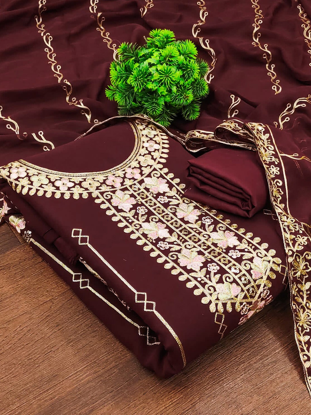 

ZEEPKART Embroidered Unstitched Dress Material, Brown