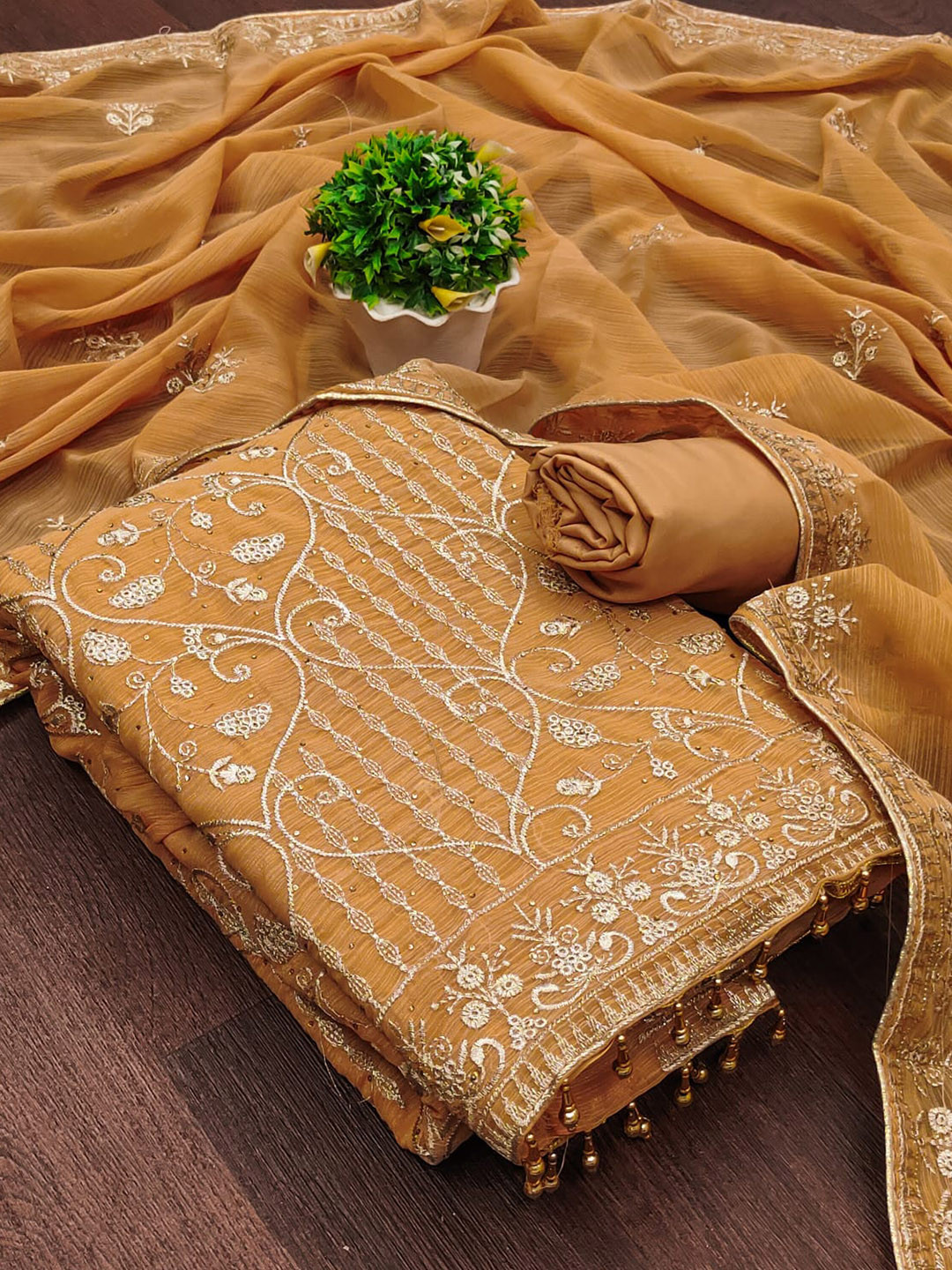 

ZEEPKART Ethnic Motifs Woven Design Beads and Stones Unstitched Dress Material, Mustard