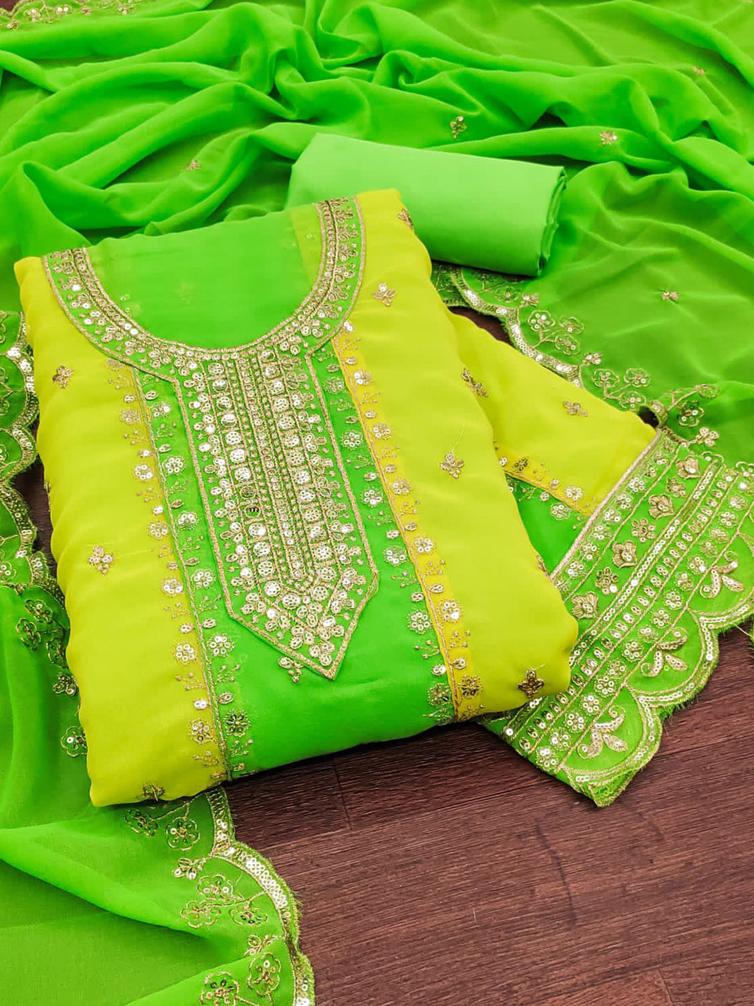 

ZEEPKART Embellished Unstitched Dress Material, Green