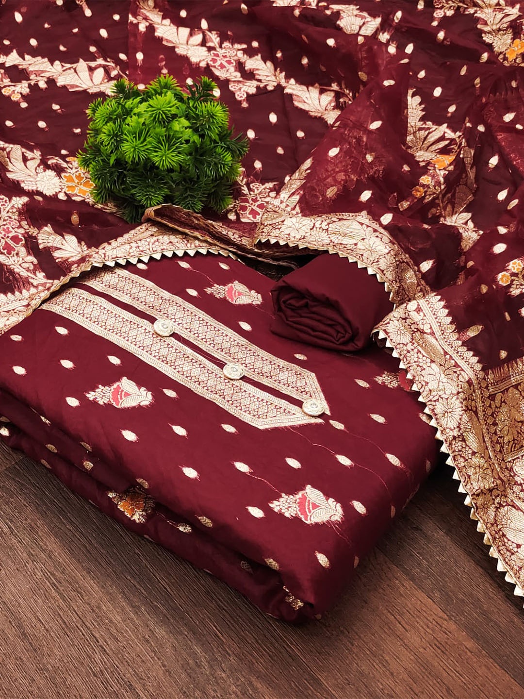 

ZEEPKART Ethnic Woven Design Unstitched Dress Material, Maroon